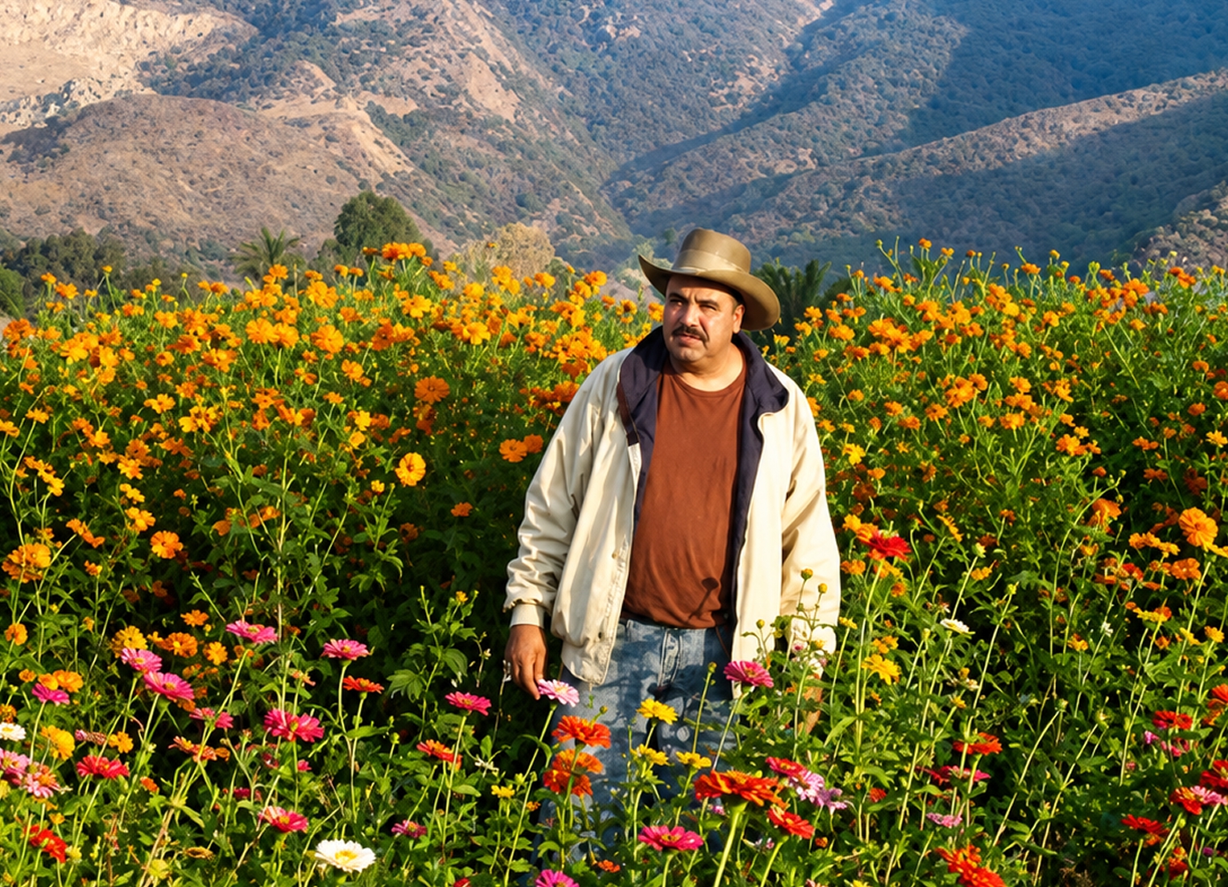 Carlos Maciel, Founder and CEO of Maciel’s Flowers, standing in a colorful flower field with mountains in the background.
