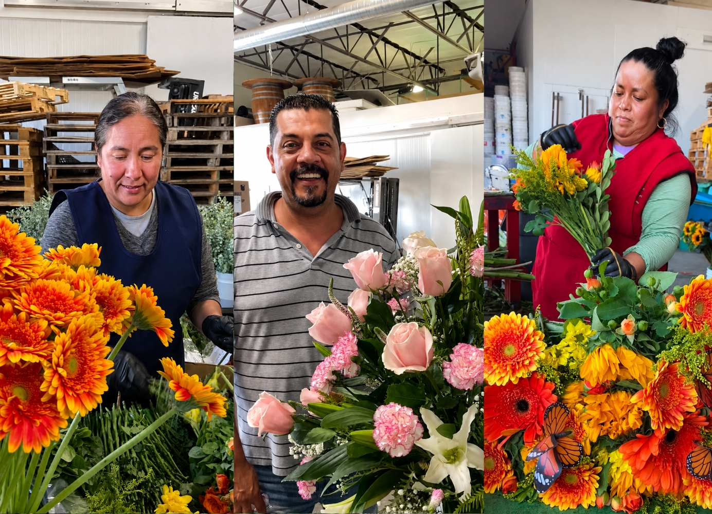 Staff at Maciel’s Flowers preparing colorful floral arrangements with roses, gerbera daisies, and greenery.