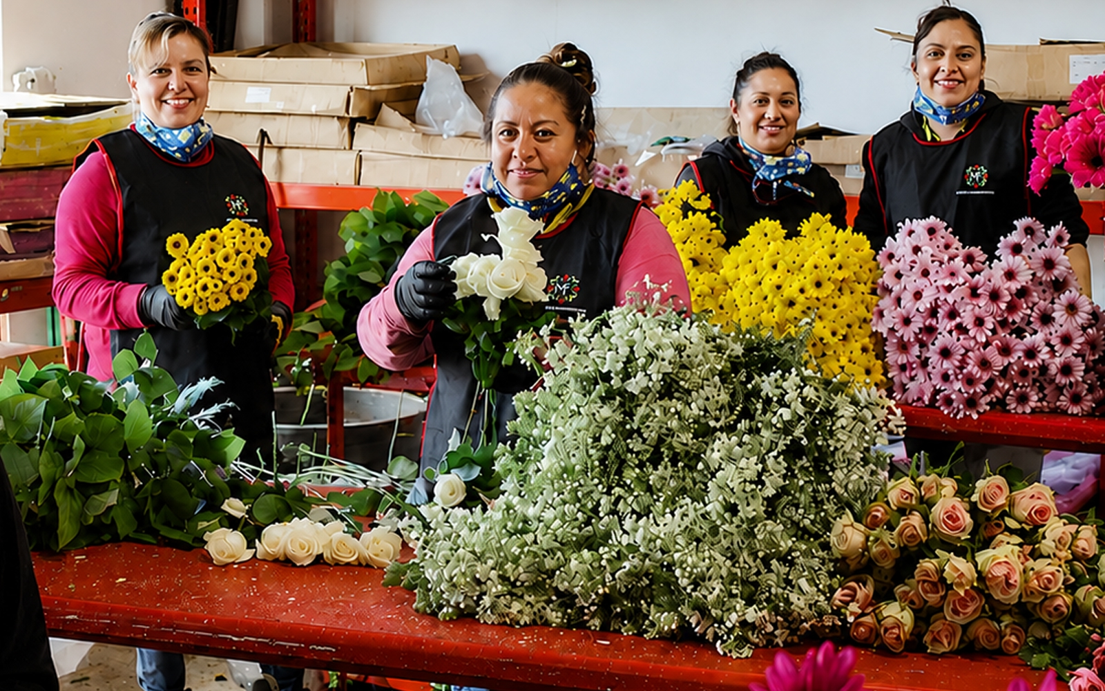 Staff at Maciel’s Flowers preparing and displaying fresh flowers, including roses and chrysanthemums.