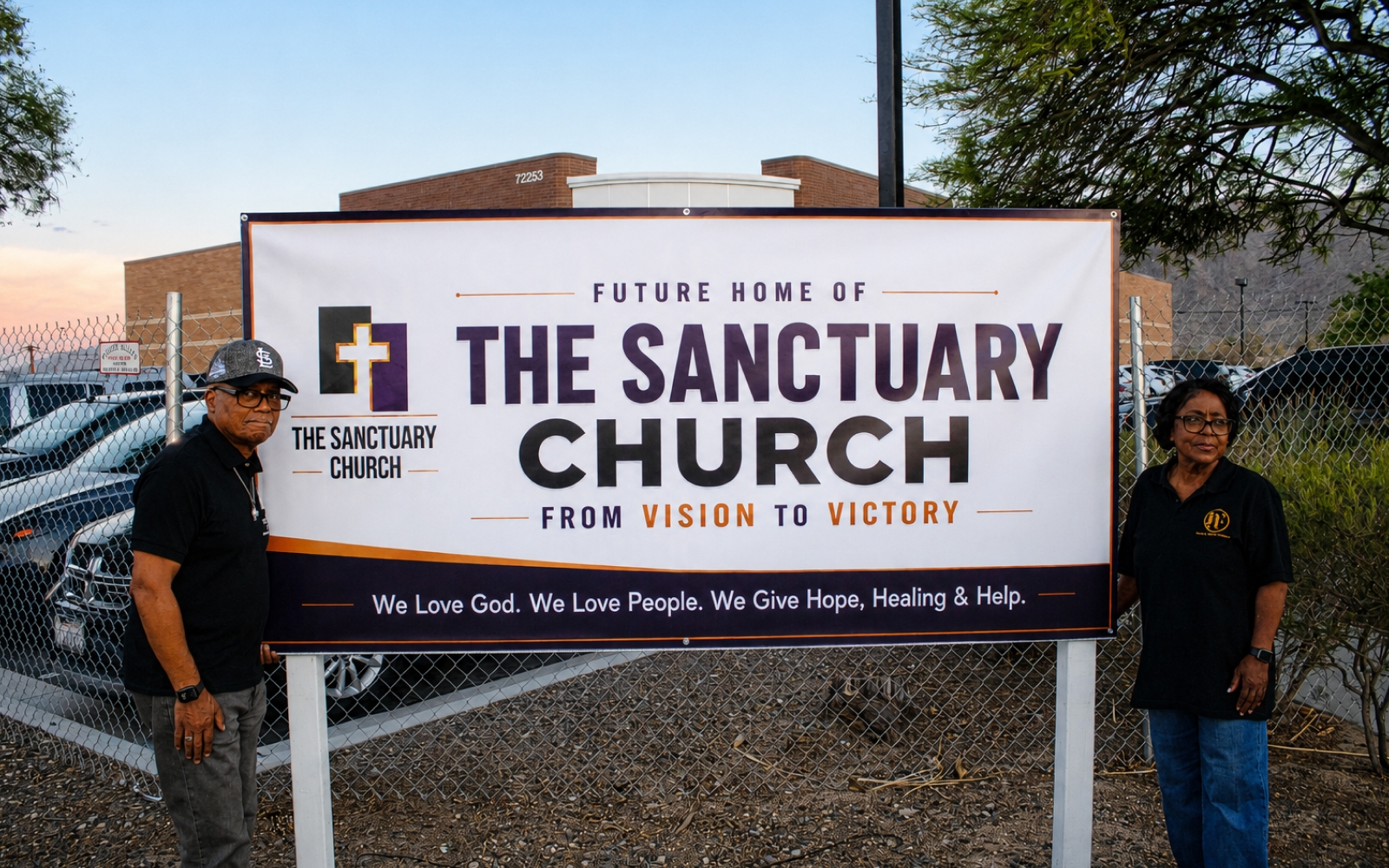 Two members of The Sanctuary Church standing beside a sign announcing the future home of the church.
